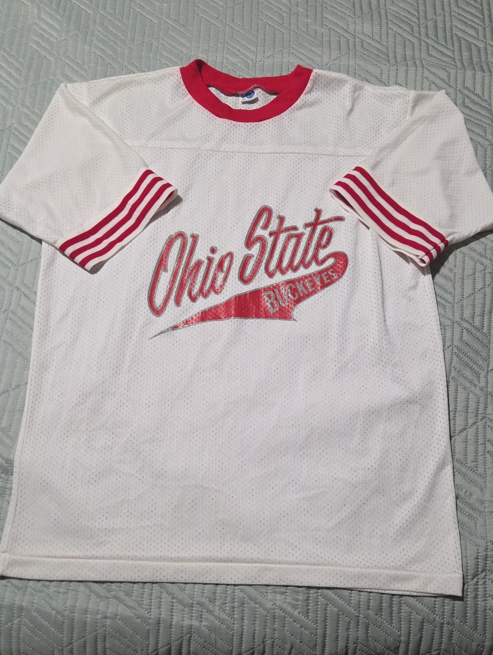 Vintage 1980s Ohio State Buckeyes White & Red Short Sleeve Mesh Jersey